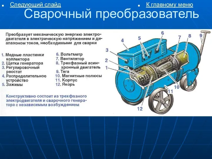 Сварочный преобразователь К главному меню Следующий слайд