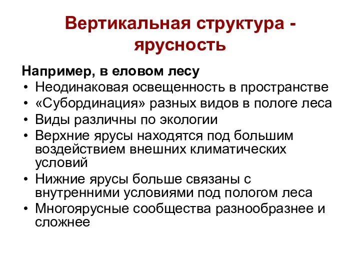 Вертикальная структура - ярусность Например, в еловом лесу Неодинаковая освещенность в