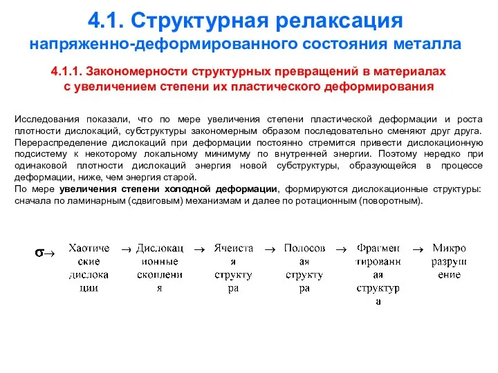 4.1. Структурная релаксация напряженно-деформированного состояния металла 4.1.1. Закономерности структурных превращений в