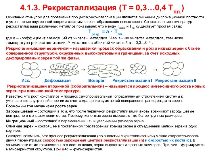 4.1.3. Рекристаллизация (Т ≈ 0,3…0,4 Тпл.) Основным стимулом для протекания процесса