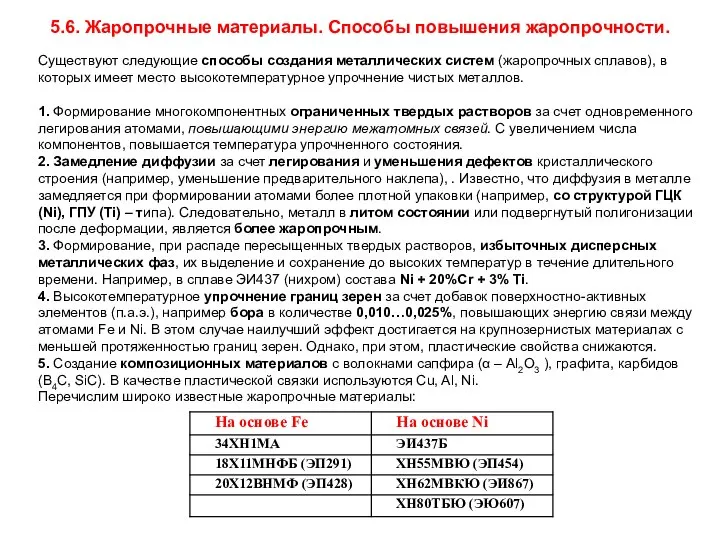 5.6. Жаропрочные материалы. Способы повышения жаропрочности. Существуют следующие способы создания металлических