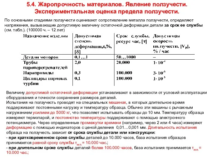 5.4. Жаропрочность материалов. Явление ползучести. Экспериментальная оценка предела ползучести. По основными