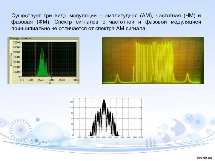 Существует три вида модуляции – амплитудная (АМ), частотная (ЧМ) и фазовая