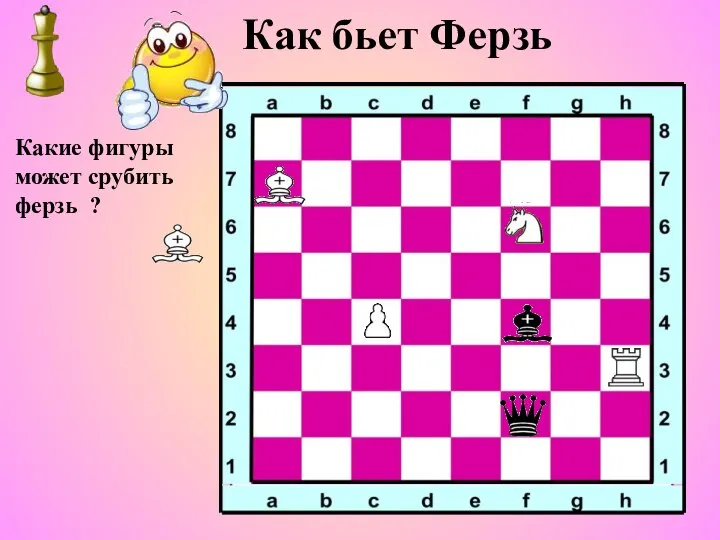 Как бьет Ферзь Какие фигуры может срубить ферзь ?