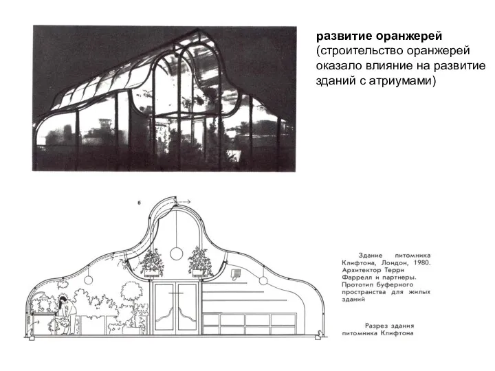 развитие оранжерей (строительство оранжерей оказало влияние на развитие зданий с атриумами)