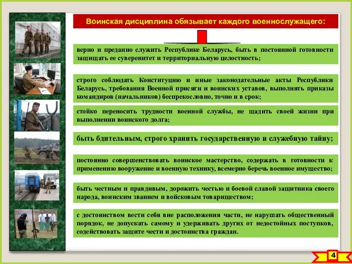 Воинская дисциплина обязывает каждого военнослужащего: верно и преданно служить Республике Беларусь,