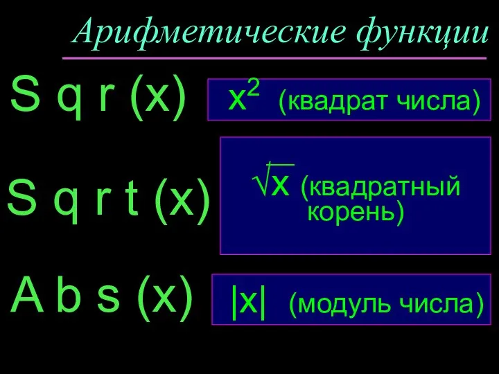 Арифметические функции S q r (x) __ √x (квадратный корень) S