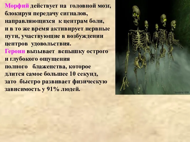 Морфий действует на головной мозг, блокируя передачу сигналов, направляющихся к центрам