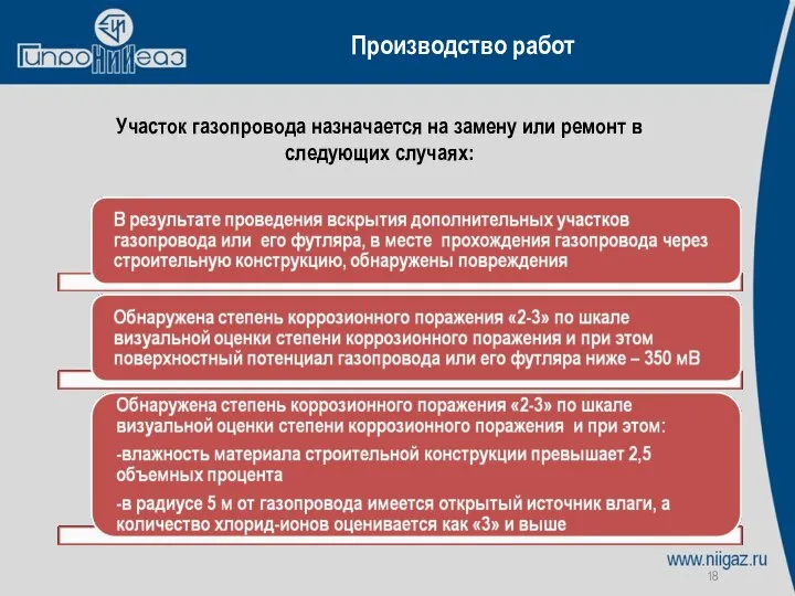 Производство работ Участок газопровода назначается на замену или ремонт в следующих случаях: