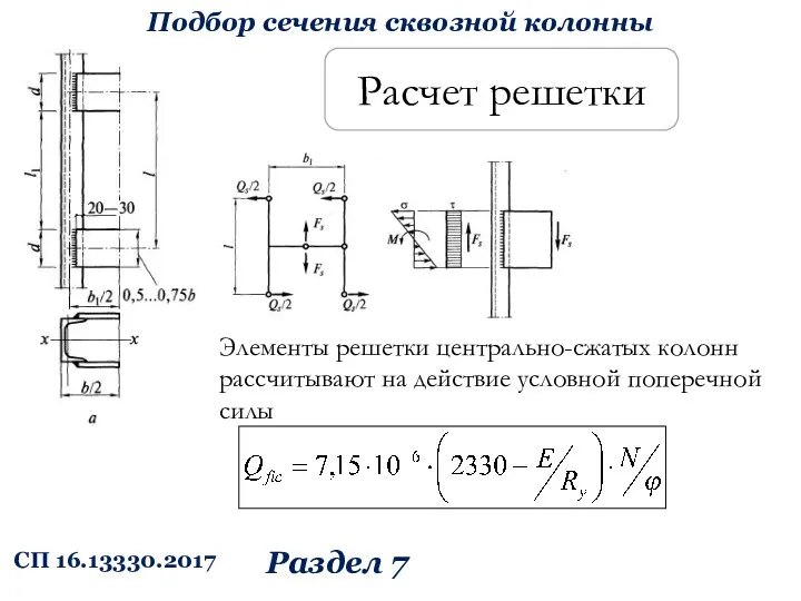 Подбор сечения сквозной колонны Расчет решетки Элементы решетки центрально-сжатых колонн рассчитывают