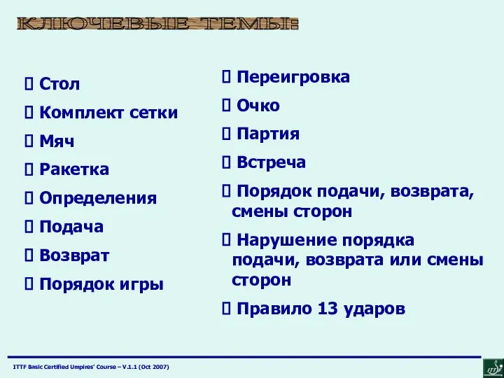 Стол Комплект сетки Мяч Ракетка Определения Подача Возврат Порядок игры КЛЮЧЕВЫЕ