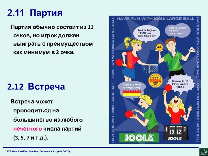 2.12 Встреча Партия обычно состоит из 11 очков, но игрок должен