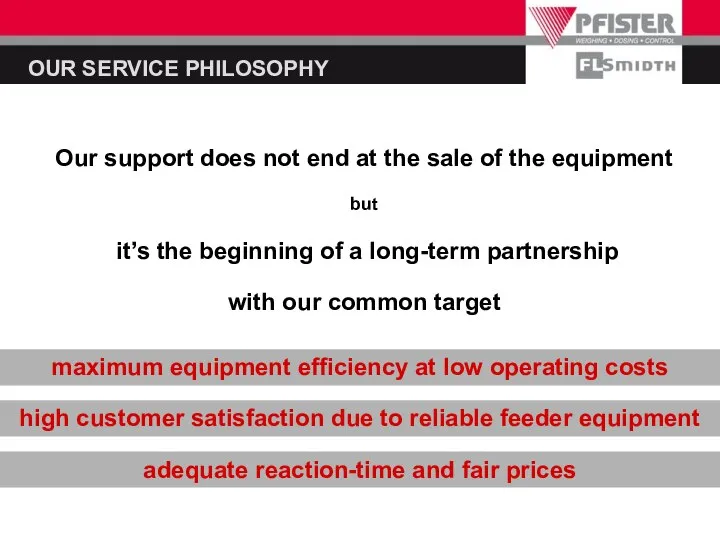 OUR SERVICE PHILOSOPHY Our support does not end at the sale