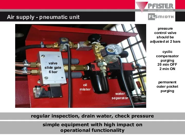 Air supply - pneumatic unit regular inspection, drain water, check pressure