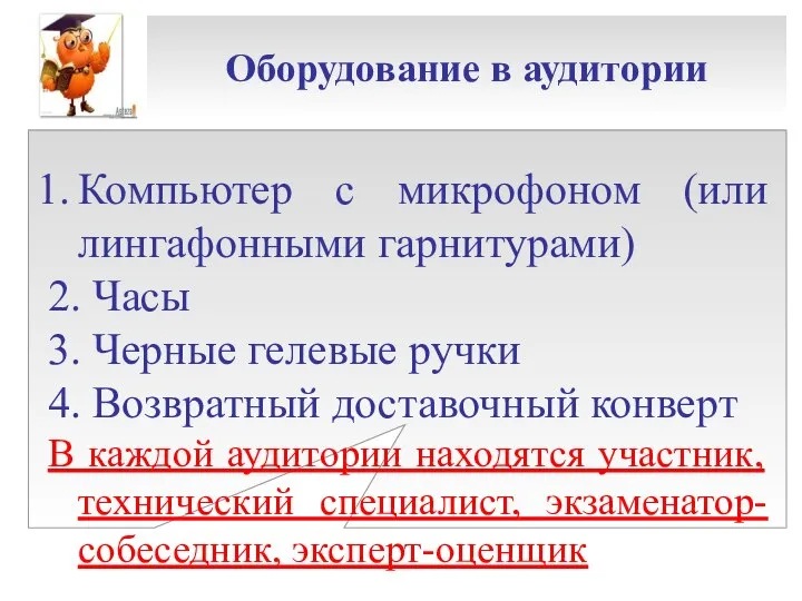 Оборудование в аудитории Компьютер с микрофоном (или лингафонными гарнитурами) 2. Часы