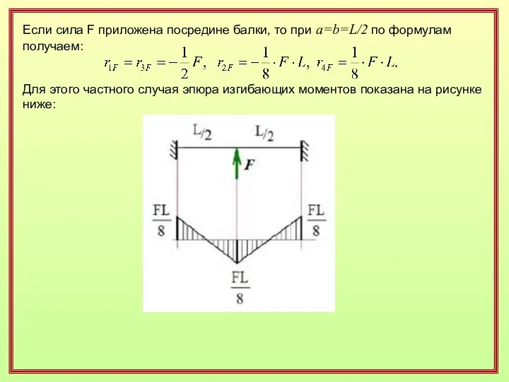 Если сила F приложена посредине балки, то при a=b=L/2 по формулам