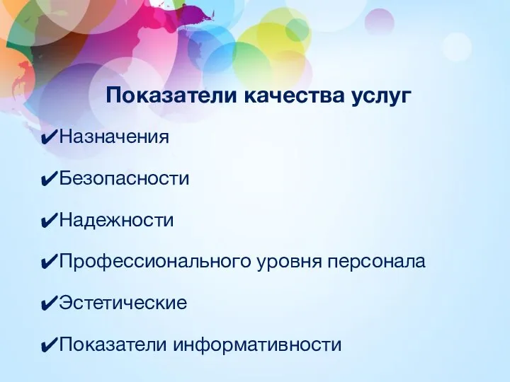 Показатели качества услуг Назначения Безопасности Надежности Профессионального уровня персонала Эстетические Показатели информативности