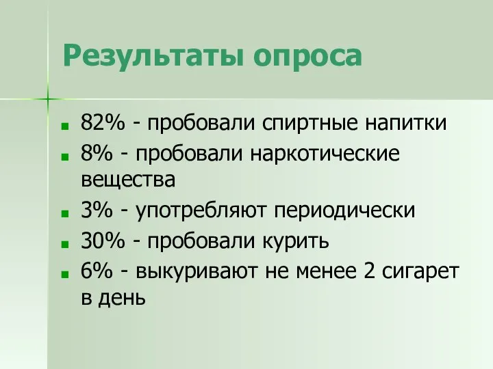 Результаты опроса 82% - пробовали спиртные напитки 8% - пробовали наркотические