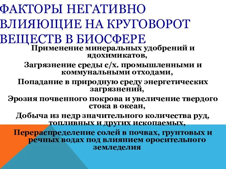 ФАКТОРЫ НЕГАТИВНО ВЛИЯЮЩИЕ НА КРУГОВОРОТ ВЕЩЕСТВ В БИОСФЕРЕ Применение минеральных удобрений