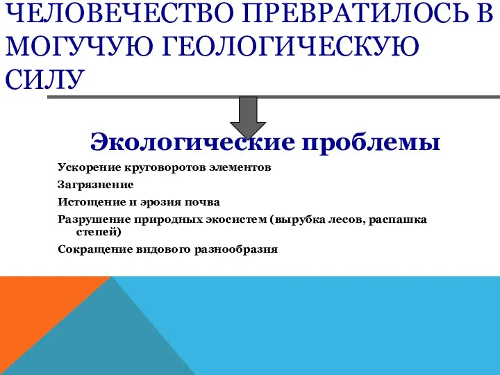 ЧЕЛОВЕЧЕСТВО ПРЕВРАТИЛОСЬ В МОГУЧУЮ ГЕОЛОГИЧЕСКУЮ СИЛУ Экологические проблемы Ускорение круговоротов элементов