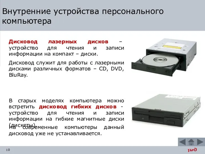 Внутренние устройства персонального компьютера Дисковод лазерных дисков – устройство для чтения