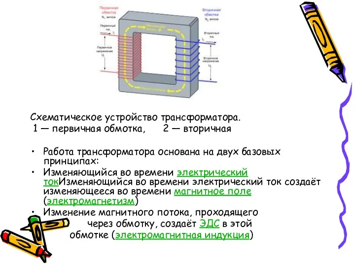 Схематическое устройство трансформатора. 1 — первичная обмотка, 2 — вторичная Работа