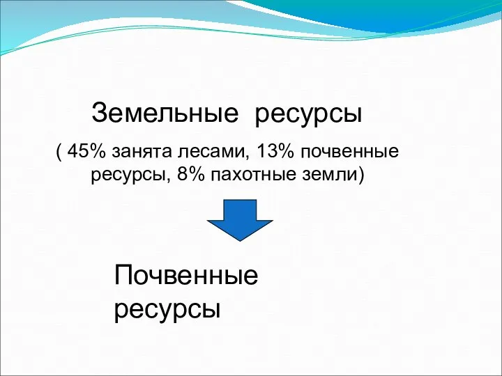 Земельные ресурсы ( 45% занята лесами, 13% почвенные ресурсы, 8% пахотные земли) Почвенные ресурсы