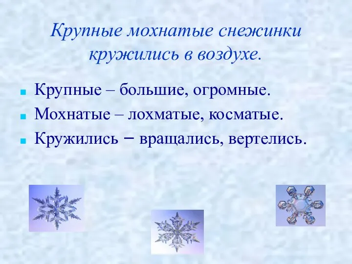 Крупные мохнатые снежинки кружились в воздухе. Крупные – большие, огромные. Мохнатые