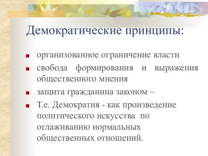 Демократические принципы: организованное ограничение власти свобода формирования и выражения общественного мнения