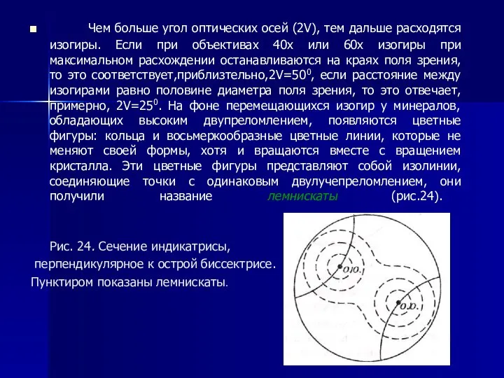 Чем больше угол оптических осей (2V), тем дальше расходятся изогиры. Если