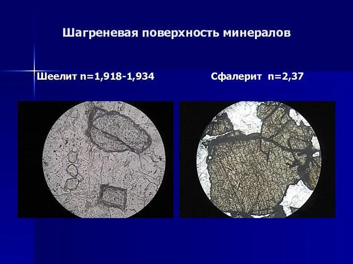 Шагреневая поверхность минералов Шеелит n=1,918-1,934 Сфалерит n=2,37