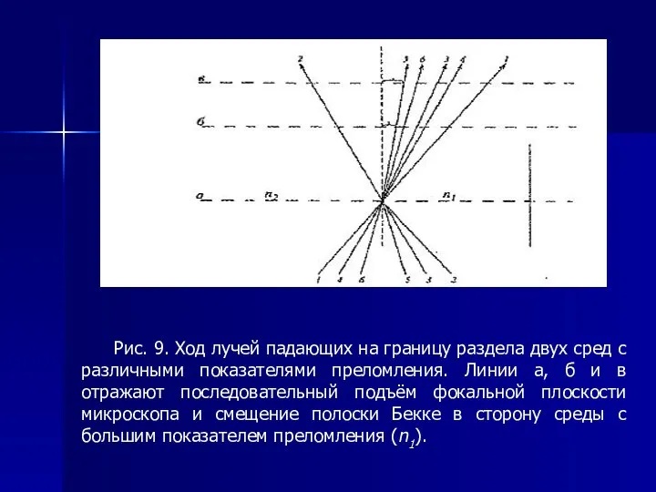 Рис. 9. Xoд лyчeй пaдающих на границу раздела двух сред с