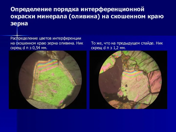 Определение порядка интерференционной окраски минерала (оливина) на скошенном краю зерна Распределение