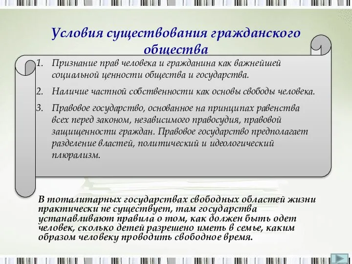 Условия существования гражданского общества Признание прав человека и гражданина как важнейшей