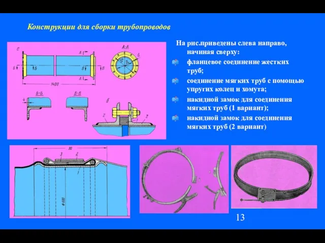 Конструкции для сборки трубопроводов На рис.приведены слева направо, начиная сверху: фланцевое