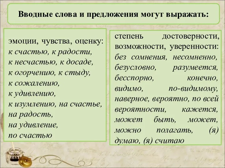 Вводные слова и предложения могут выражать: эмоции, чувства, оценку: к счастью,