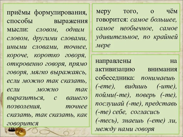 приёмы формулирования, способы выражения мысли: словом, одним словом, другими словами, иными