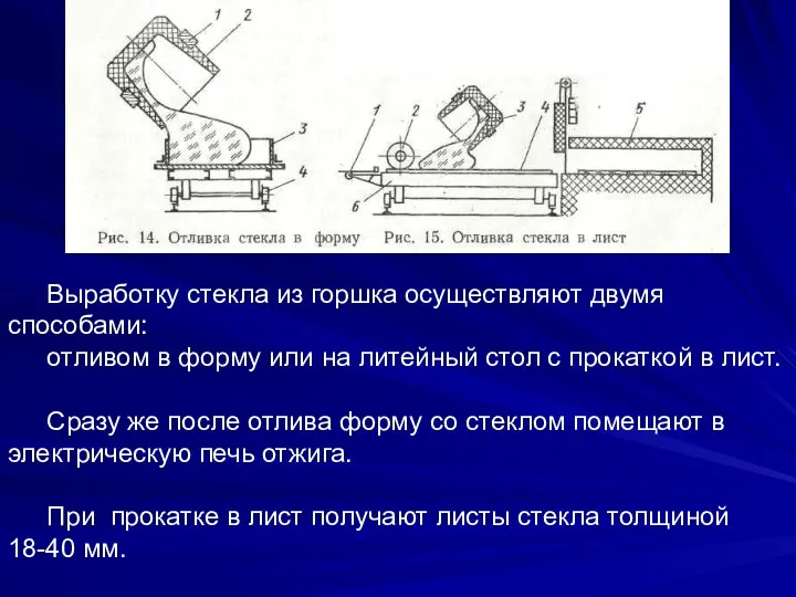 Выработку стекла из горшка осуществляют двумя способами: отливом в форму или