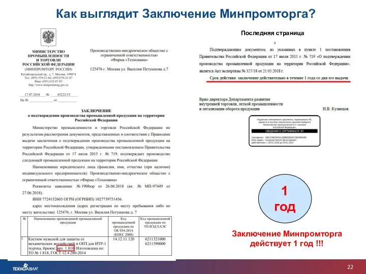 Первая страница Последняя страница 1 год Заключение Минпромторга действует 1 год !!! Как выглядит Заключение Минпромторга?