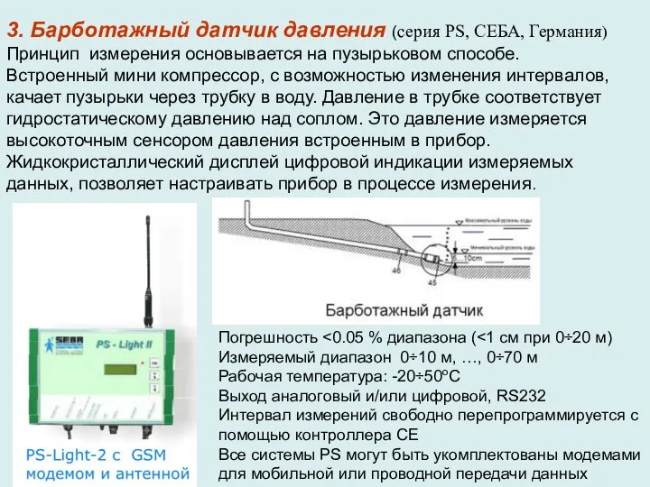 3. Барботажный датчик давления (серия PS, СЕБА, Германия) Принцип измерения основывается