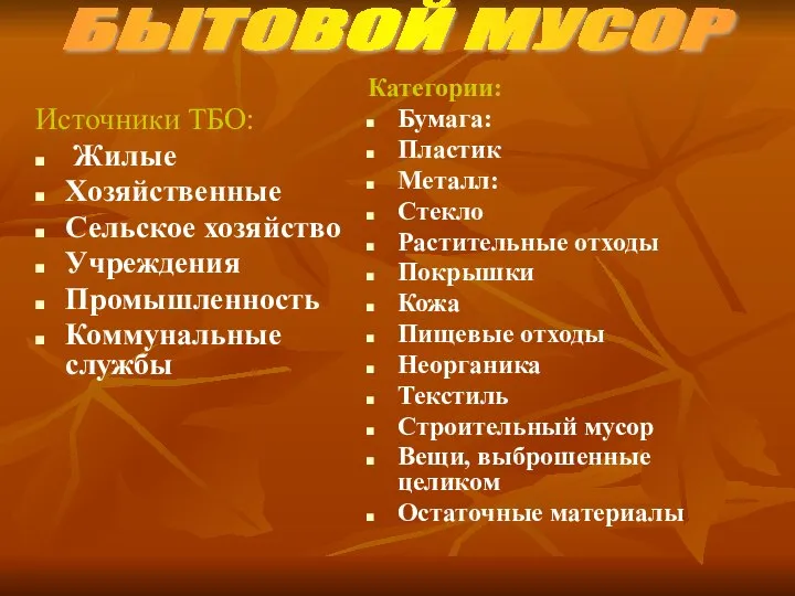 Источники ТБО: Жилые Хозяйственные Сельское хозяйство Учреждения Промышленность Коммунальные службы Категории: