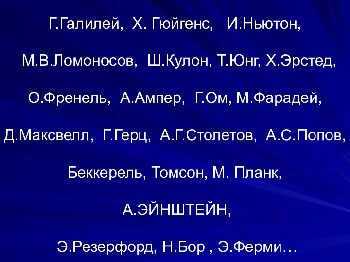 Г.Галилей, Х. Гюйгенс, И.Ньютон, М.В.Ломоносов, Ш.Кулон, Т.Юнг, Х.Эрстед, О.Френель, А.Ампер, Г.Ом,