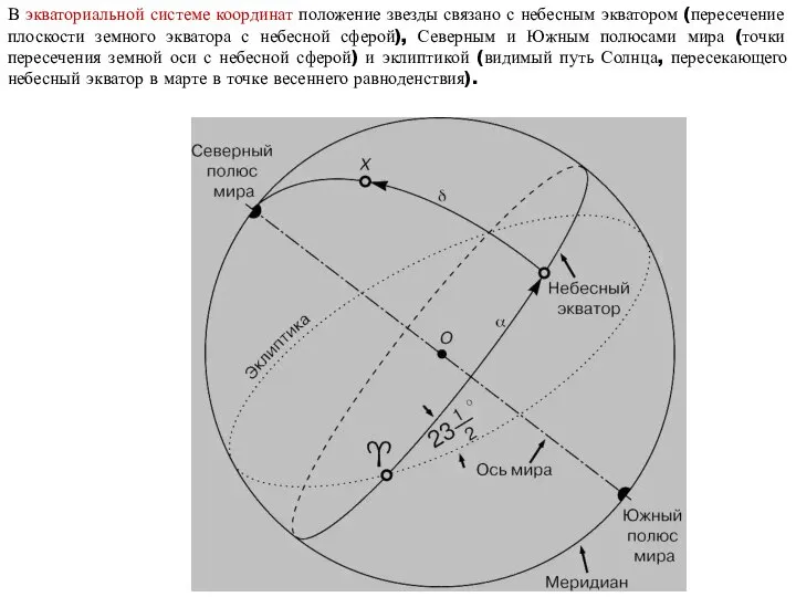 В экваториальной системе координат положение звезды связано с небесным экватором (пересечение