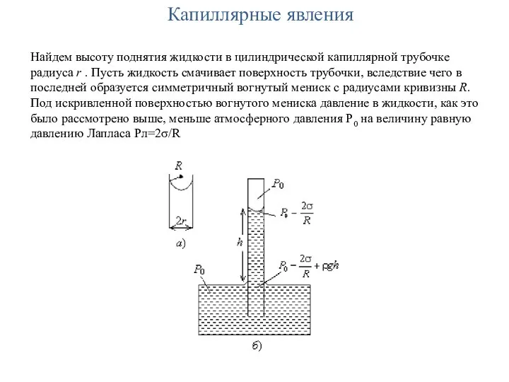 Капиллярные явления Найдем высоту поднятия жидкости в цилиндрической капиллярной трубочке радиуса