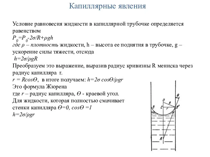 Капиллярные явления Условие равновесия жидкости в капиллярной трубочке определяется равенством P0=P0-2σ/R+ρgh