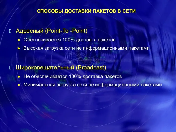 СПОСОБЫ ДОСТАВКИ ПАКЕТОВ В СЕТИ Адресный (Point-To -Point) Обеспечивается 100% доставка