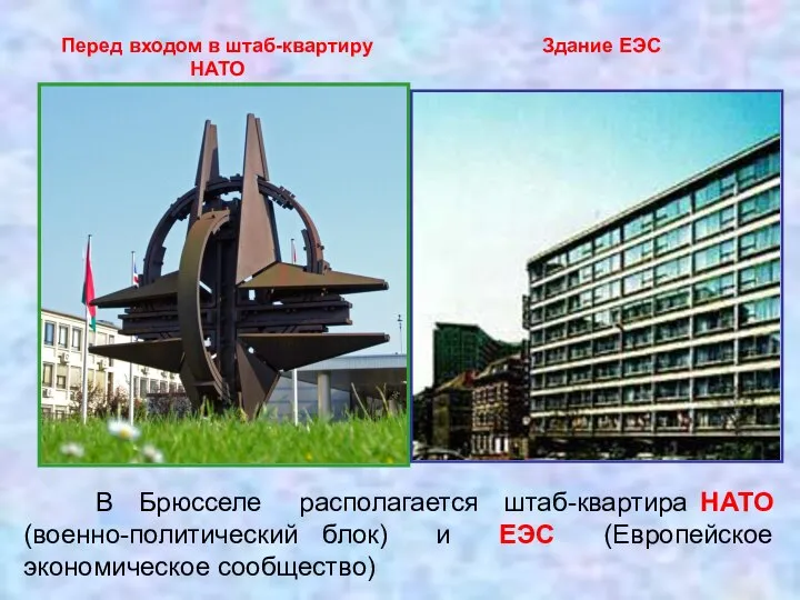 В Брюсселе располагается штаб-квартира НАТО (военно-политический блок) и ЕЭС (Европейское экономическое