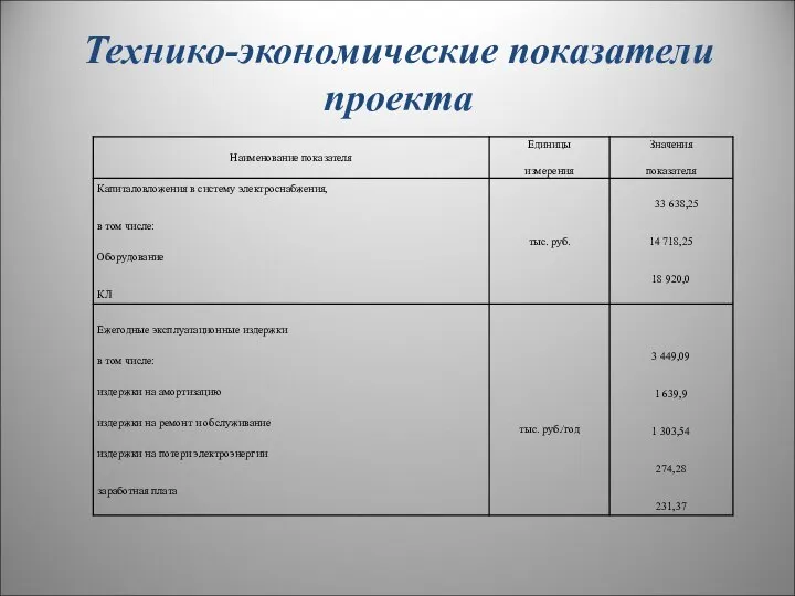 Технико-экономические показатели проекта