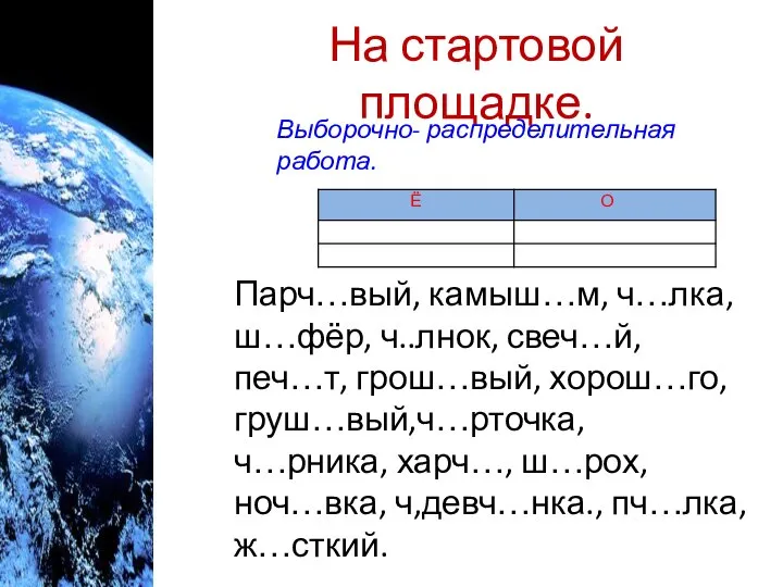 На стартовой площадке. Выборочно- распределительная работа. Парч…вый, камыш…м, ч…лка, ш…фёр, ч..лнок,