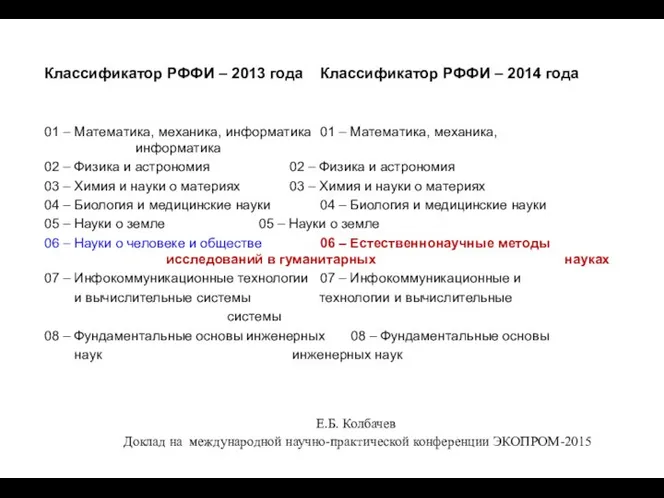 Классификатор РФФИ – 2013 года Классификатор РФФИ – 2014 года 01